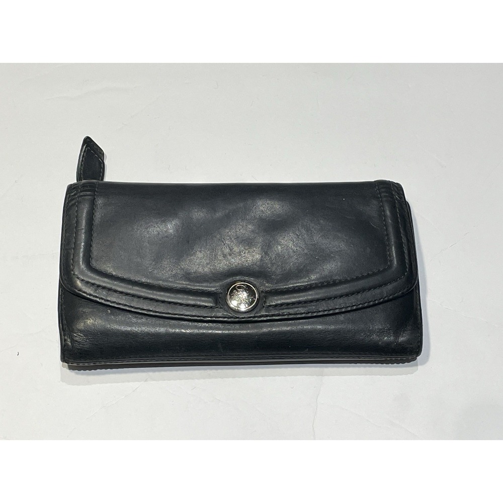 COACH Black Leather Soho Buckle Flap Trifold Long Envelope Wallet Zipper